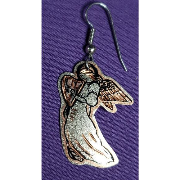 Copper And Silver Tone Angel Playing Harp Dangle Earrings, Lightweight Metal - Picture 2 of 10